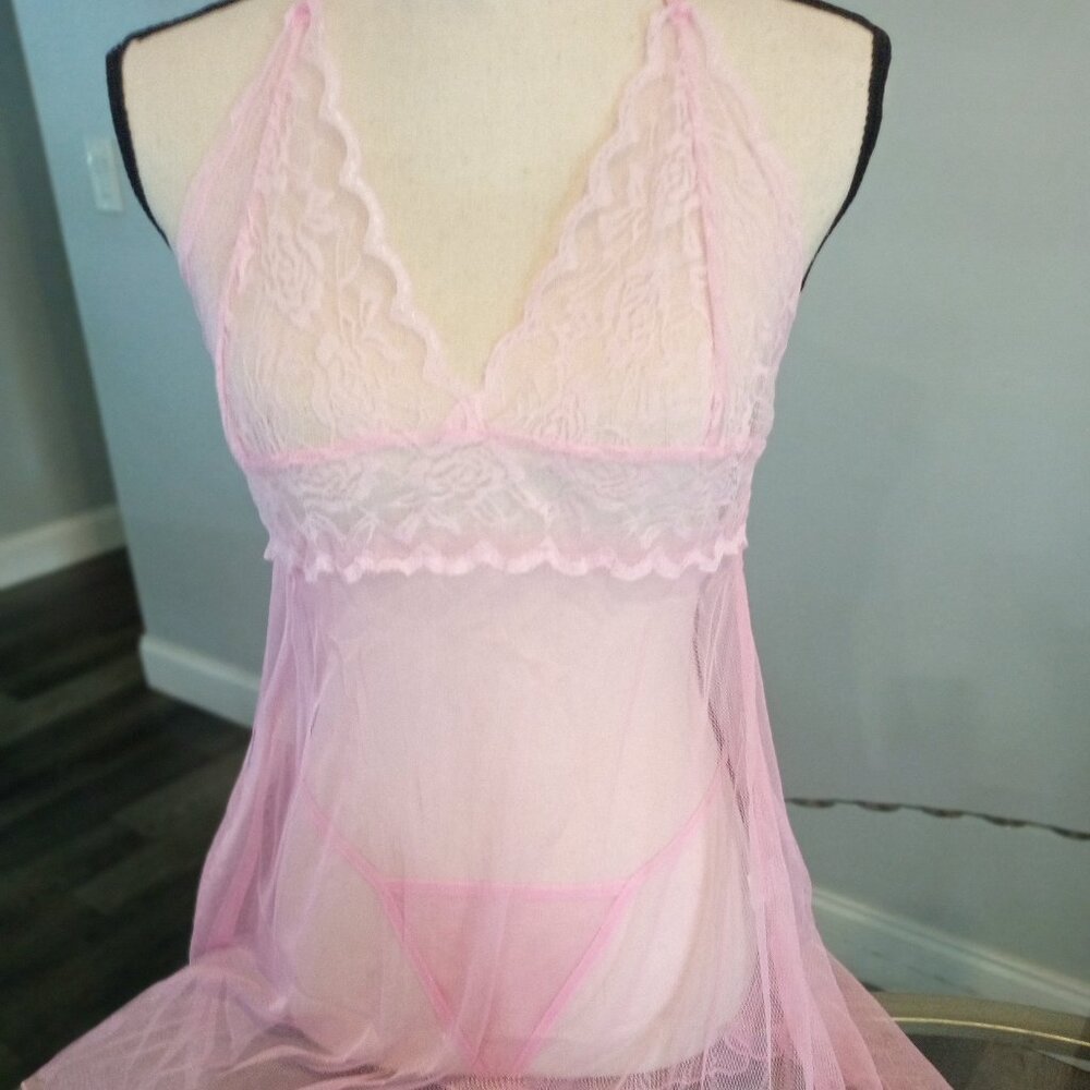 Light Pink V Neck Baby Doll with Lace Accents and Matching Thong
